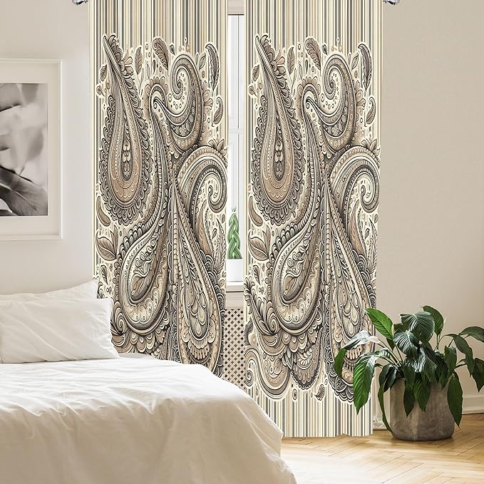 Ambesonne Paisley Curtains, Delicate Bohemian Leafy Motives on Stripes in Neutral Muted Colors, Window Treatments 2 Panel Set for Living Room Bedroom, Pair of - 28" x 84", Warm Taupe Ivory and Sepia