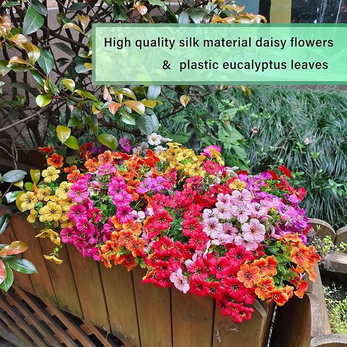 28 Bundles Silk Daisy Fake Plants Faux Flowers UV Resistant Fake Bushes Plastic Artificial Flowers Faux Outdoor Indoor Plants for Spring Summer Decoration (7 Colors)