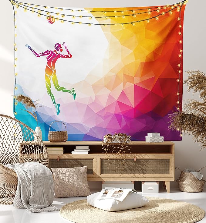 Lunarable Volleyball Tapestry, Colorful Polygonal Background Triangles Jumping Woman Striking The Ball, Wide Wall Hanging for Bedroom Living Room Dorm, 60" X 40", Purple Blue