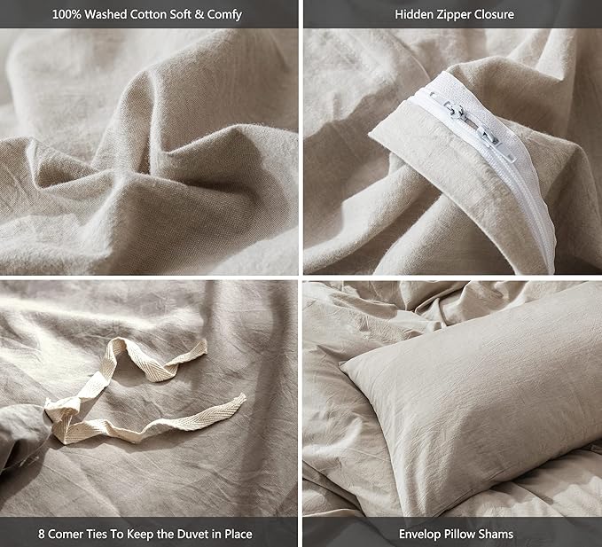 MooMee Bedding Duvet Cover Set 100% Washed Cotton Linen Like Textured Breathable Durable Soft Comfy (Heathered Tannish Linen Grey, Full 80"x90")