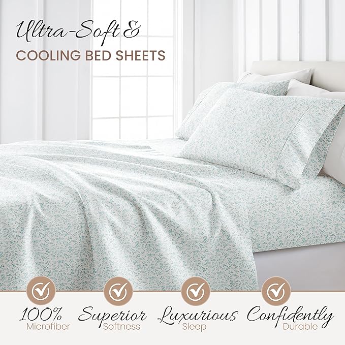 Linen Market Double-Brushed Patterned Microfiber Queen Sheet Set 4 Piece – Oeko-TEX Certified Ultra Soft & Wrinkle-Free - 16" Deep Pocket Sheets - Easy Care Queen Size - Burst of Vines Light Blue