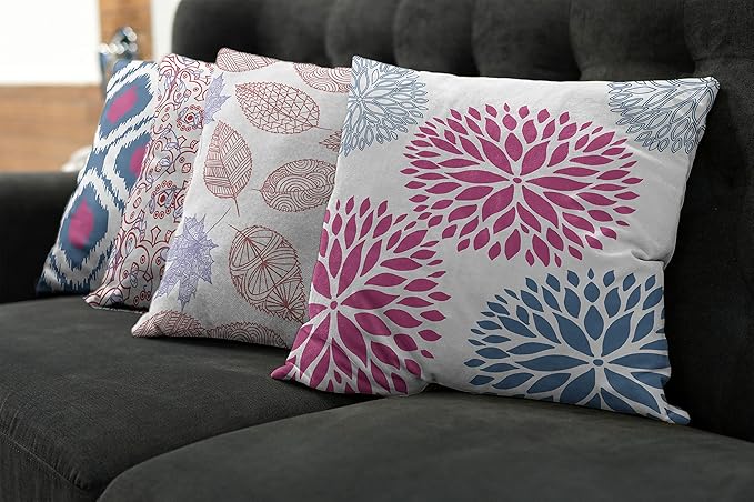 Ambesonne Vintage Throw Pillow Cushion Case Pack of 4, Bohemian Ornamental Leaves Dahlia Pattern Geometric Art Curlicue Motif, Modern Accent Double-Sided Digital Printing, 24", Pink and Dark Sky Blue