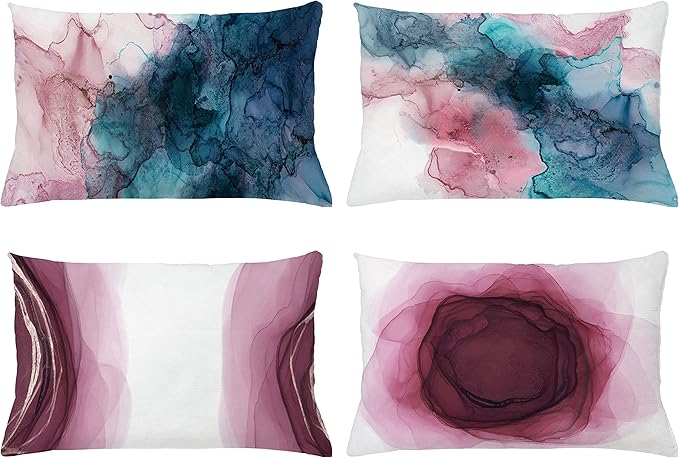 Ambesonne Marble Print Throw Pillow Cushion Case Pack of 4, Watercolor Effect Brushstrokes Stains and Hues Modern Bicolour, Modern Accent Double-Sided Printing, 20" x 12", Petrol Blue and Dried Rose