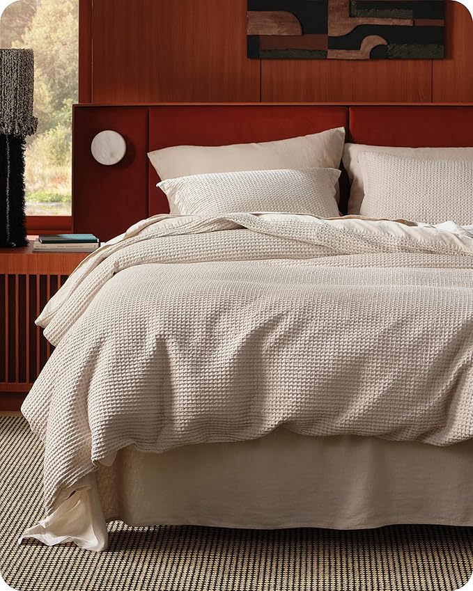 Bedsure Cotton Duvet Cover Set - 100% Cotton Waffle Weave Linen Duvet Cover Oversized Queen Size, GentleSoft™ and Breathable Bedding Set for All Season, 3 Pieces, 98"x98"