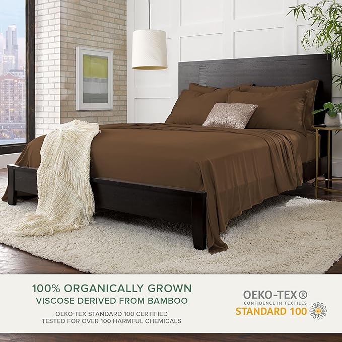 Queen Sheets by Pure Bamboo, Genuine 100% Organic Viscose Derived from Bamboo Bed Sheet Set, Luxuriously Soft & Cooling, Double Stitching, Lifetime Quality Promise (Queen, Coconut Husk)