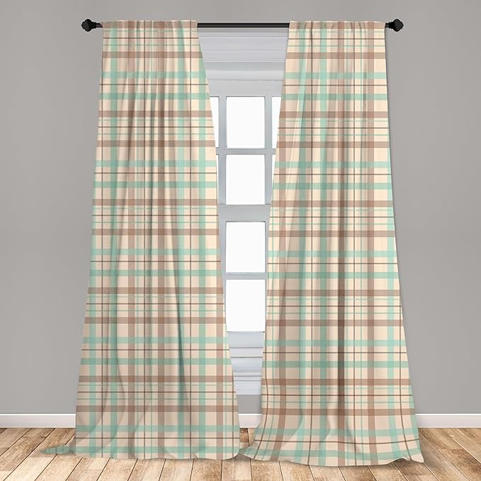 Ambesonne Plaid Curtains, Scottish Country Style Tartan with Abstract Design Diagonal Striped Lines, Window Treatments 2 Panel Set for Living Room Bedroom, Pair of - 28" x 63", Mint Green