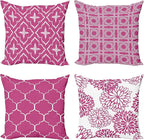 Ambesonne Vintage Throw Pillow Cushion Case Pack of 4, Monochrome Design Grid Trellis Quatrefoil Mesh and Dahlia Flowers Modern Print, Modern Accent Double-Sided Digital Printing, 18", Pink and White