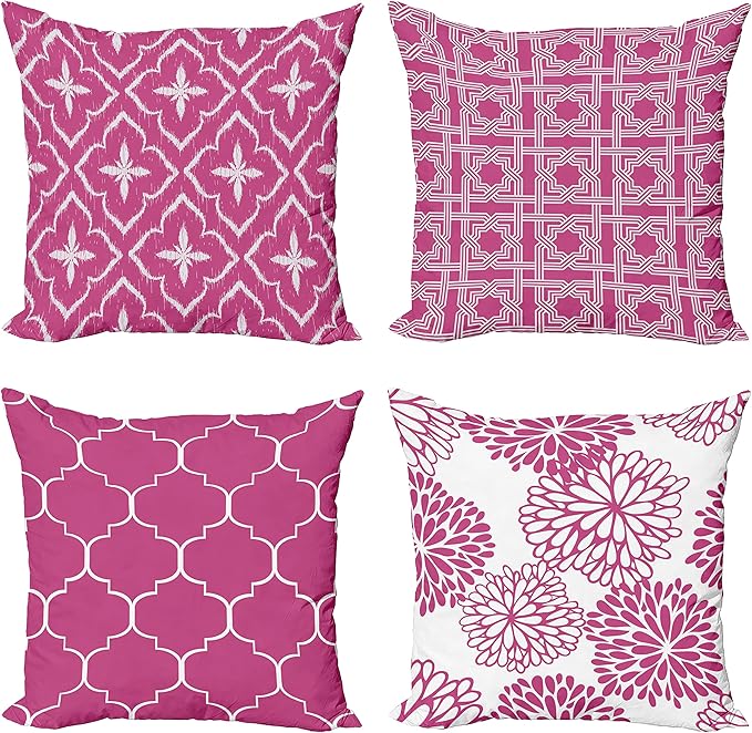 Ambesonne Vintage Throw Pillow Cushion Case Pack of 4, Monochrome Design Grid Trellis Quatrefoil Mesh and Dahlia Flowers Modern Print, Modern Accent Double-Sided Digital Printing, 18", Pink and White