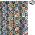 Ambesonne Moroccan Window Curtains, Portuguese Azulejo Checkered Squares Colorful Pattern Floral Arrangement, Lightweight Decor 2-Panel Set with Rod Pocket, Pair of - 28" x 95", Dark Blue Amber Red