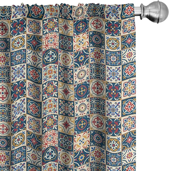 Ambesonne Moroccan Window Curtains, Portuguese Azulejo Checkered Squares Colorful Pattern Floral Arrangement, Lightweight Decor 2-Panel Set with Rod Pocket, Pair of - 28" x 95", Dark Blue Amber Red
