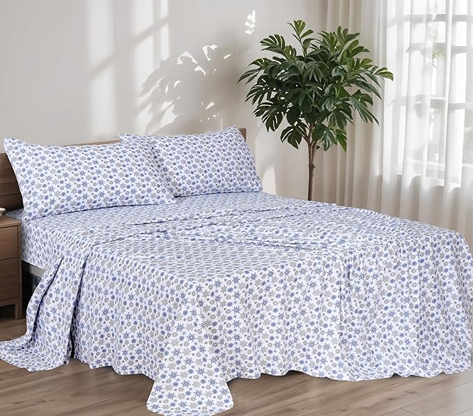 RUVANTI Flannel Sheets Full Size - 100% Cotton Double Brushed Bed Sheets Set, Deep Pockets 16 Inches, All Seasons Breathable & Extra Soft Full Sheets, Warm & Cozy, 4 Piece, Snow Flake Grey