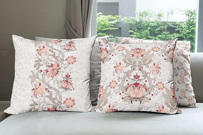 Ambesonne Vintage Throw Pillow Cushion Case Pack of 4, Ethnic Folkloric Flower Motifs in Neutral Tones Nostalgic Floral, Modern Accent Double-Sided Digital Printing, 24", Salmon Vermilion