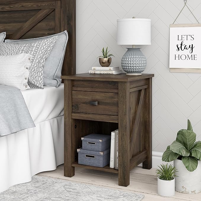 Ameriwood Home Farmington Country Style Nightstand with Barn Door Design, Concealed Drawer and Open Cubby, Textured Weathered Medium Brown Finish