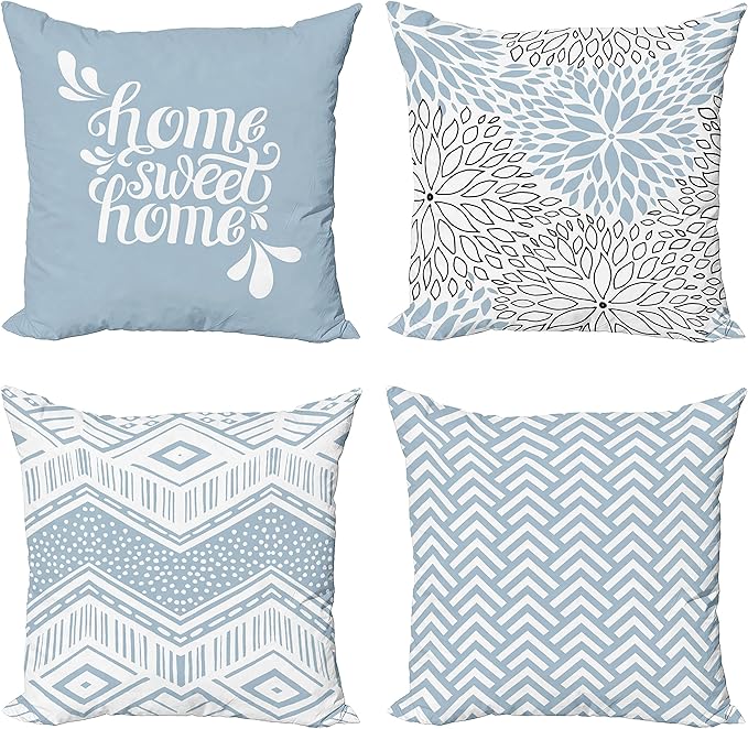 Ambesonne Geometric Throw Pillow Cushion Case Pack of 4, Home Phrase Minimal Zigzag Squama Dahlia Flower Petals Chevron Tribal, Modern Accent Double-Sided Digital Printing, 18", Pale Blue Grey White
