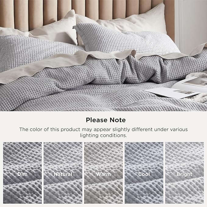 Bedsure Cotton Duvet Cover Queen - 100% Cotton Waffle Weave Grey Duvet Cover Queen Size, GentleSoft™ and Breathable Bedding Set for All Season, 3 Pieces, 90"x90"