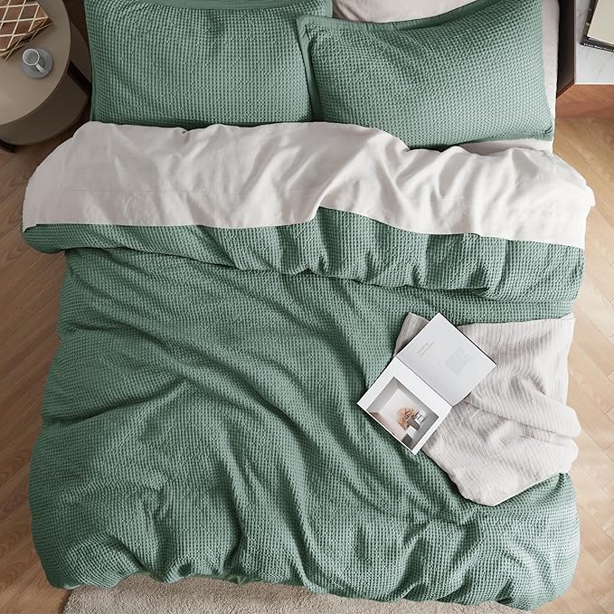 Bedsure Cotton Duvet Cover King - 100% Cotton Waffle Weave Green Duvet Cover King Size, GentleSoft™ and Breathable Bedding for All Season, 3 Pieces, 104"x90"
