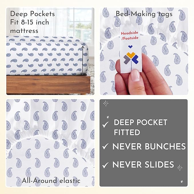 California Design Den Printed Twin XL Sheet Sets - 400 Thread Count Sateen, Natural 100% Cotton Sheets Set, Deep Pockets, Cooling and Durable Bedding Set - Paisley Blue