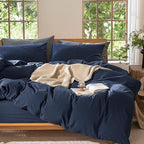 MooMee Bedding Duvet Cover Set 100% Washed Cotton Linen Like Textured Breathable Durable Soft Comfy (Solid Navy, Queen 90"x90")