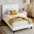 Allewie Twin Bed Frame/Velvet Upholstered Bed Frame with Vertical Channel Tufted Headboard/Strong Wooden Slats/Platform Bed Frame/Mattress Foundation/Box Spring Optional/Easy Assembly/White