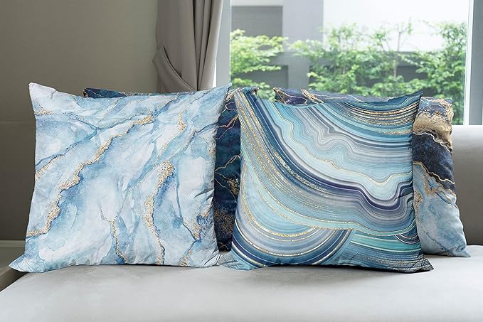 Ambesonne Marble Print Throw Pillow Cushion Case Pack of 4, Modern Themed Pastel Stone Stain Look Veins Aquatic, Tones for Decorative Home Accent Double-Sided Digital Printing, 16", Pale Blue Indigo