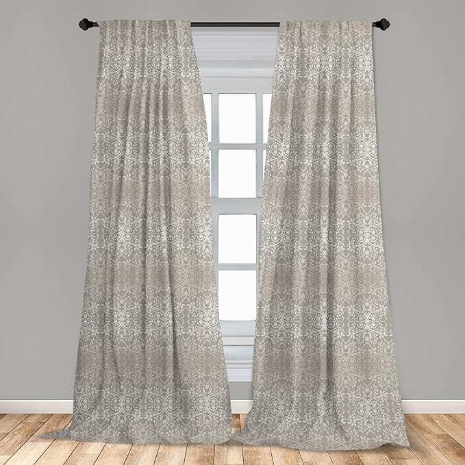 Ambesonne Grey Curtains, Victorian Lace Flowers and Leaves Retro Background Old Fashioned Graphic, Window Treatments 2 Panel Set for Living Room Bedroom, Pair of - 28" x 63", Warm Taupe