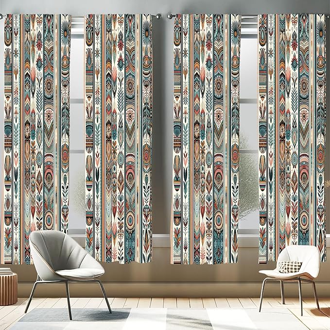 Ambesonne Ethnic Window Curtains Pack of 2, Folkloric Style Floral Ornaments with Bohemian Oriental Motifs as Stripes, Lightweight Set with Rod Pocket, 4 Panels of - 28" x 63", Teal Coral and Orange