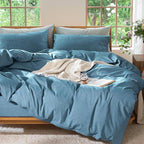 MooMee Bedding Duvet Cover Set 100% Washed Cotton Linen Like Textured Breathable Durable Soft Comfy (Heathered Peacock Blue, Twin 68"x90")