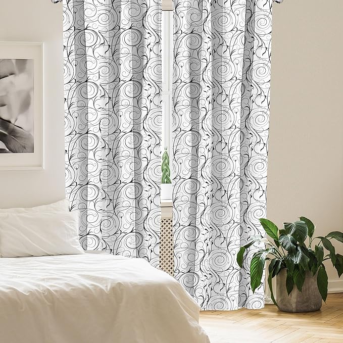 Ambesonne Black and White Curtains, Scribble Swirling Motifs Spiral Floral Stems Modern Abstract Scroll, Window Treatments 2 Panel Set for Living Room Bedroom, Pair of - 28" x 95", White Charcoal Grey