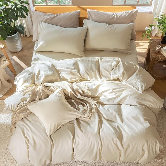 MooMee Bedding Duvet Cover Set 100% Washed Cotton Linen Like Textured Breathable Durable Soft Comfy (Heathered Almond Milk Grey, Alaska King 132"x120")