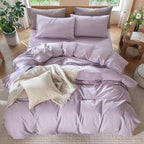 MooMee Bedding Duvet Cover Set 100% Washed Cotton Linen Like Textured Breathable Durable Soft Comfy (Heathered Light Purple, Full 80"x90")