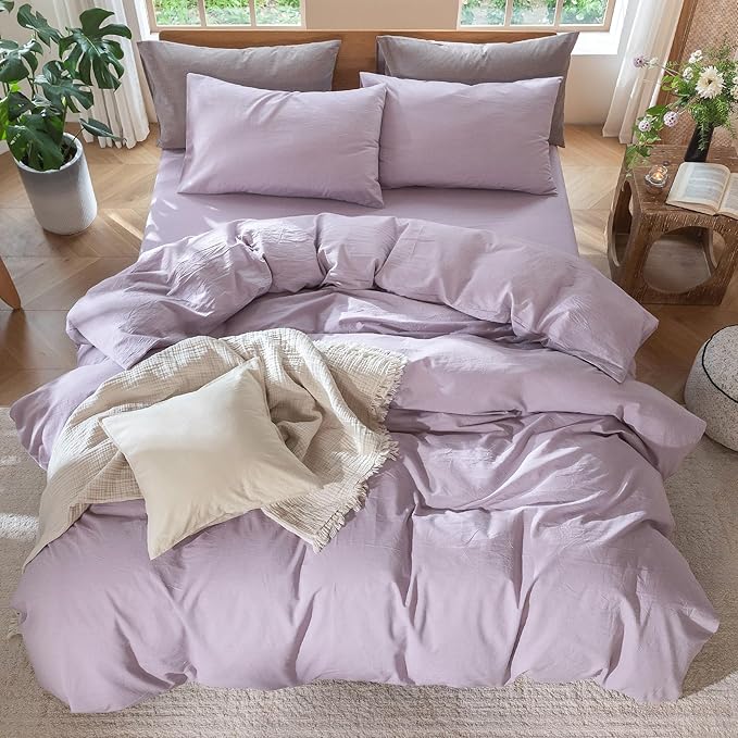 MooMee Bedding Duvet Cover Set 100% Washed Cotton Linen Like Textured Breathable Durable Soft Comfy (Heathered Light Purple, Cal King 104"x98")