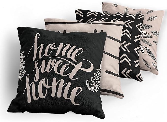 Ambesonne Modern Throw Pillow Cushion Case Pack of 4, Scandinavian Minimal Ornaments Boho Feather Leaves and Home Phrase, Modern Accent Double-Sided Digital Printing, 18", Pale Tan and Charcoal Grey
