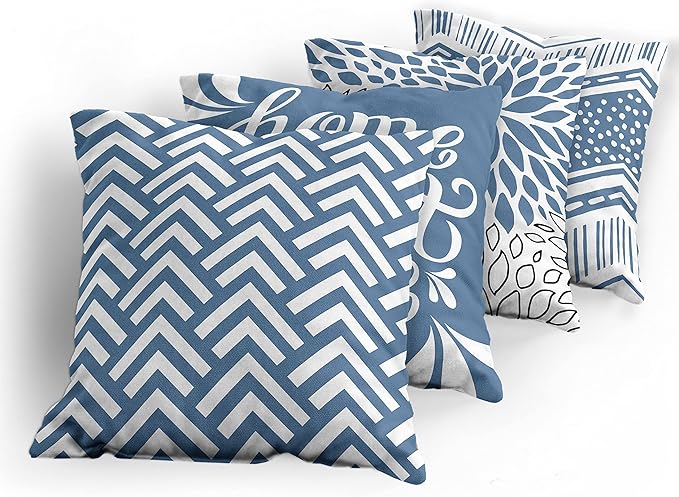 Ambesonne Geometric Throw Pillow Cushion Case Pack of 4, Home Phrase Minimal Zigzag Squama Dahlia Flower Petals Chevron Tribal, Modern Accent Double-Sided Digital Printing, 20", Slate Blue and White