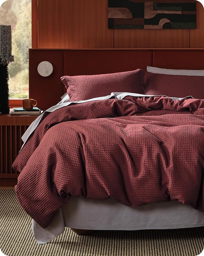Bedsure Cotton Duvet Cover King - 100% Cotton Waffle Weave Maroon Red Duvet Cover King Size, GentleSoft™ and Breathable Bedding Set for All Season, 3 Pieces, 104"x90"