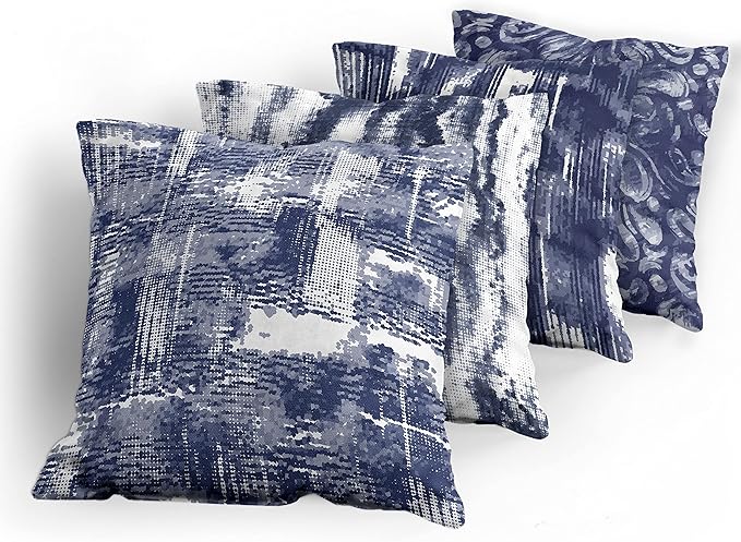 Ambesonne Vintage Throw Pillow Cushion Case Pack of 4, Abstract Grunge Effect Brushstrokes and Waving Striping Stains Paisley Drops, Modern Accent Double-Sided Digital Printing, 16", Violet Blue White