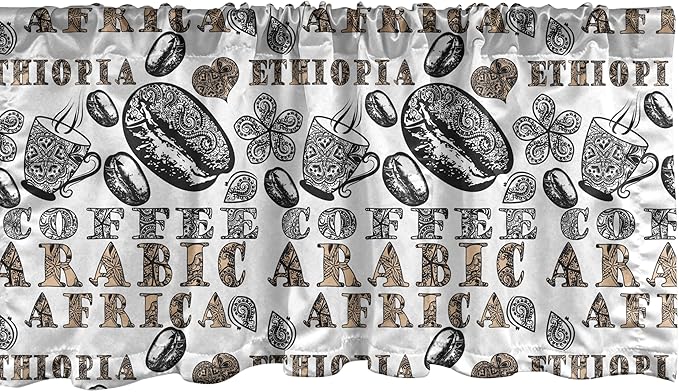 Ambesonne Modern Window Valance Pack of 2, Coffee Beans with Ornamental Words Ethiopians Pattern, Rod Pocket Curtain Valances for Kitchen Bedroom, 42" X 12", Sand Brown Black