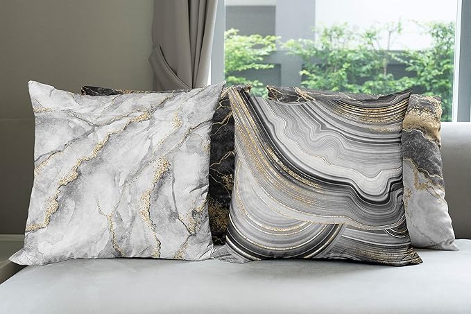 Ambesonne Marble Throw Pillow Cushion Case Pack of 4, Obsidian Like Ornaments Natural Stone Stains and Veins Golden Yellow Tone, Modern Accent Double-Sided Digital Printing, 20", Charcoal Grey Coconut