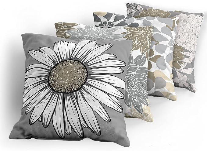 Ambesonne Floral Throw Pillow Cushion Case Pack of 4, Flower Petals Modern Color Palette Chamomile Peony Dahlia and Sunflower Print, Modern Accent Double-Sided Digital Printing, 16", Slate Brown Grey
