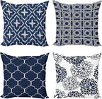 Ambesonne Vintage Throw Pillow Cushion Case Pack of 4, Quatrefoil Mesh Medieval Lattice Ornaments Ethnic Motive and Dahlia Flowers, Modern Accent Double-Sided Digital Printing, 16", Night Blue White