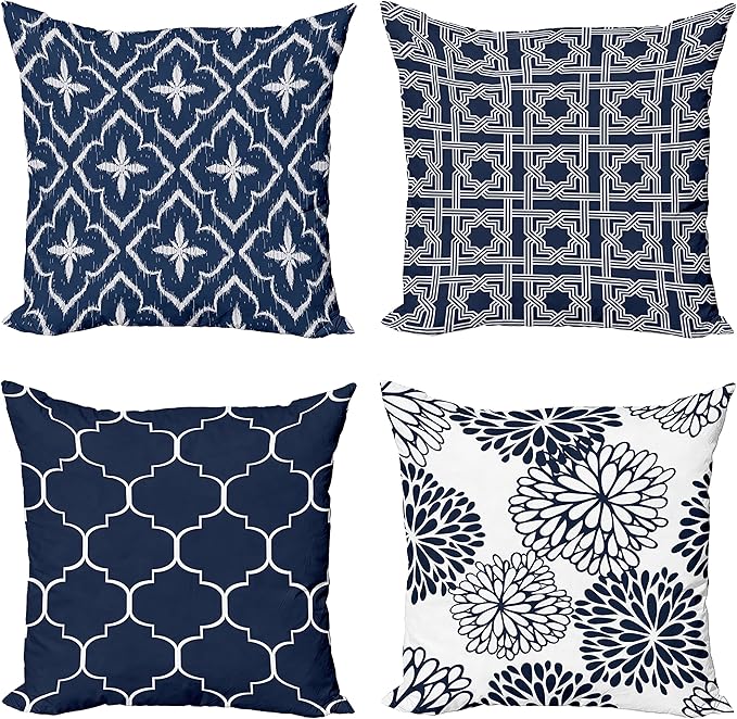 Ambesonne Vintage Throw Pillow Cushion Case Pack of 4, Quatrefoil Mesh Medieval Lattice Ornaments Ethnic Motive and Dahlia Flowers, Modern Accent Double-Sided Digital Printing, 16", Night Blue White