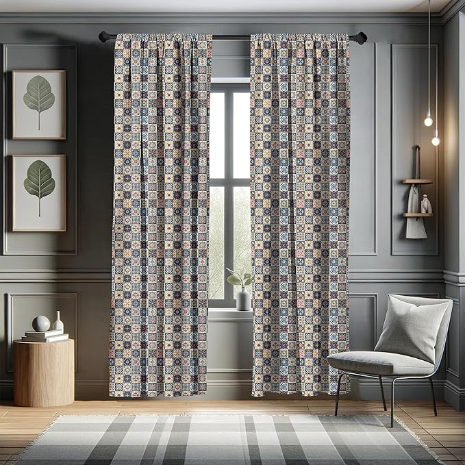 Ambesonne Moroccan Window Curtains, Portuguese Azulejo Checkered Squares Colorful Pattern Floral Arrangement, Lightweight Decor 2-Panel Set with Rod Pocket, Pair of - 28" x 95", Dark Blue Amber Red