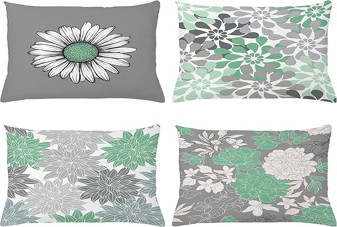 Ambesonne Floral Throw Pillow CushiCase Pack 4, Flower Petals Modern Color Palette Chamomile Peony Dahlia Sunflower Print, Modern Accent Double-Sided Digital Printing, 20" x 12", Sea Green Grey