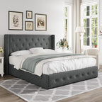 Allewie Full Size Lift Up Storage Bed, Button Tufted Headboard with Wingback, Hydraulic Support, No Box Spring Needed, Dark Grey