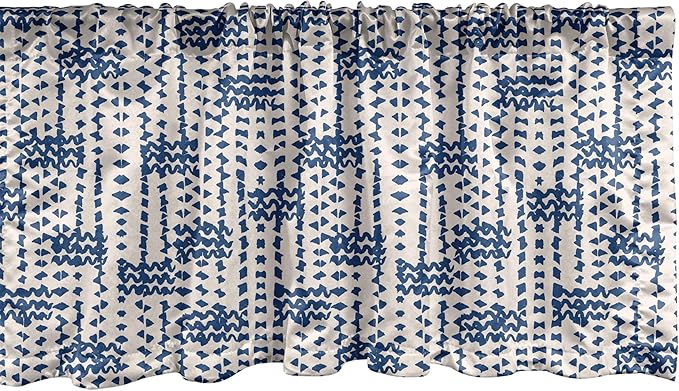 Ambesonne Ethnic Window Valance, Messy Waves and Small Triangles Indonesian Traditional Pattern Watercolors, Curtain Valance for Kitchen Bedroom Decor with Rod Pocket, 42" x 18", Navy Blue and Cream