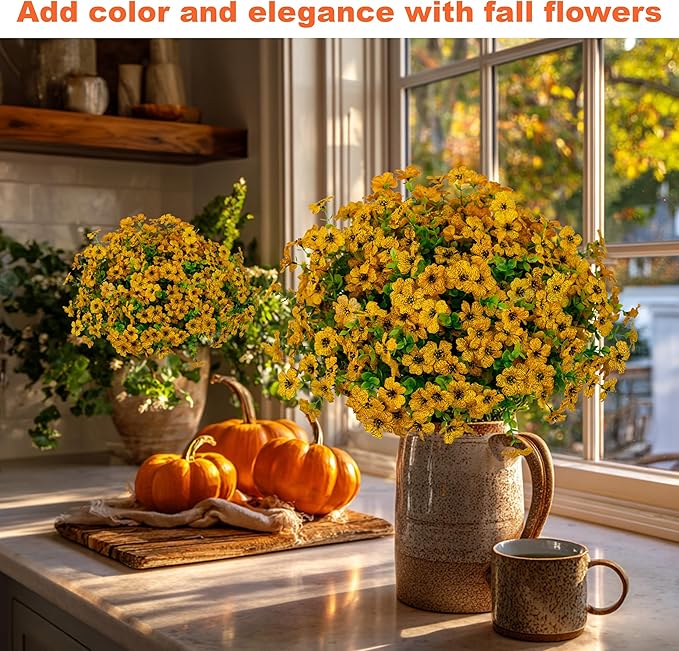 Artificial Fall Flowers for Outdoors Fake Mums - 16 Bundles Faux Plants Outside Greenery Boxwood No Fade Plastic Shrubs Decor Farmhouse Home Garden Thanksgiving (Yellow)