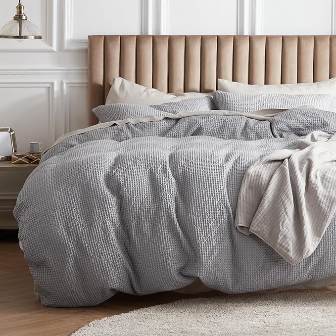 Bedsure Cotton Duvet Cover King - 100% Cotton Waffle Weave Grey Duvet Cover King Size, GentleSoft™ and Breathable Bedding Set for All Season, 3 Pieces, 104"x90"