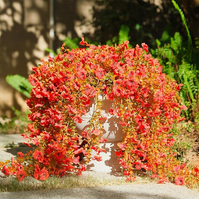 6 Pcs Artificial Hanging Mums Flowers Outdoor, Orange UV Resistant Fake Hanging Fall Plants for Outdoor Planter Patio Front Door Window Autumn Decoration (6, Orange)