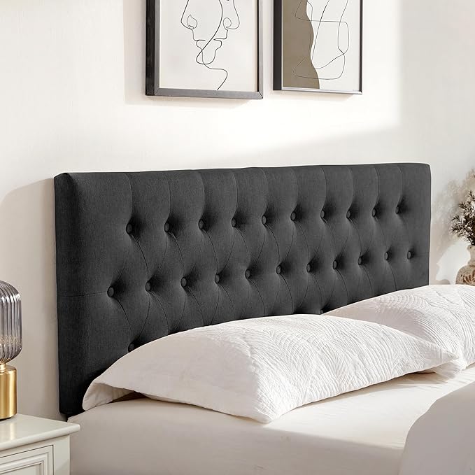 Tufted Upholstered Headboard Full Size, Solid Wood Head Board with Durable Metal Legs, Adjustable Height Full XL headboard from 37” to 51” Fabric Headboard in Modern Button Design, Black