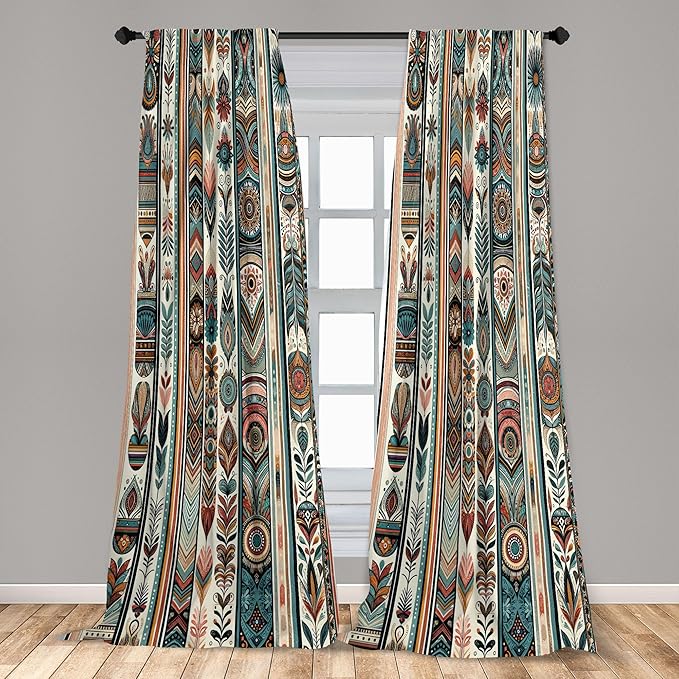 Ambesonne Ethnic Window Curtains Pack of 2, Folkloric Style Floral Ornaments with Bohemian Oriental Motifs as Stripes, Lightweight Set with Rod Pocket, 4 Panels of - 28" x 63", Teal Coral and Orange
