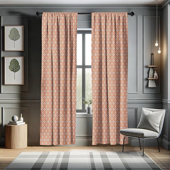 Ambesonne Scandinavian Window Curtains, Flower Like Motifs Folk Art in Tangerine Tones, Lightweight Decorative Panels Set of 2 with Rod Pocket, 56" x 84", Sienna Sky